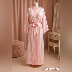 Show Me Your Mumu Pink White Satin Striped Robe Kimono OS Bridal Lounge